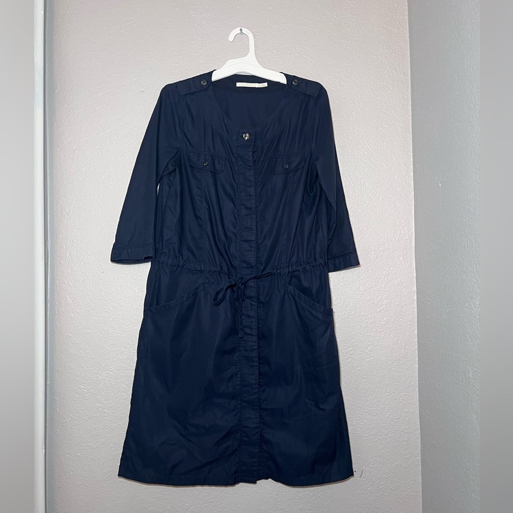 Uniqlo Women Drawstring Waist Button Down Shirt Dress Navy Blue
